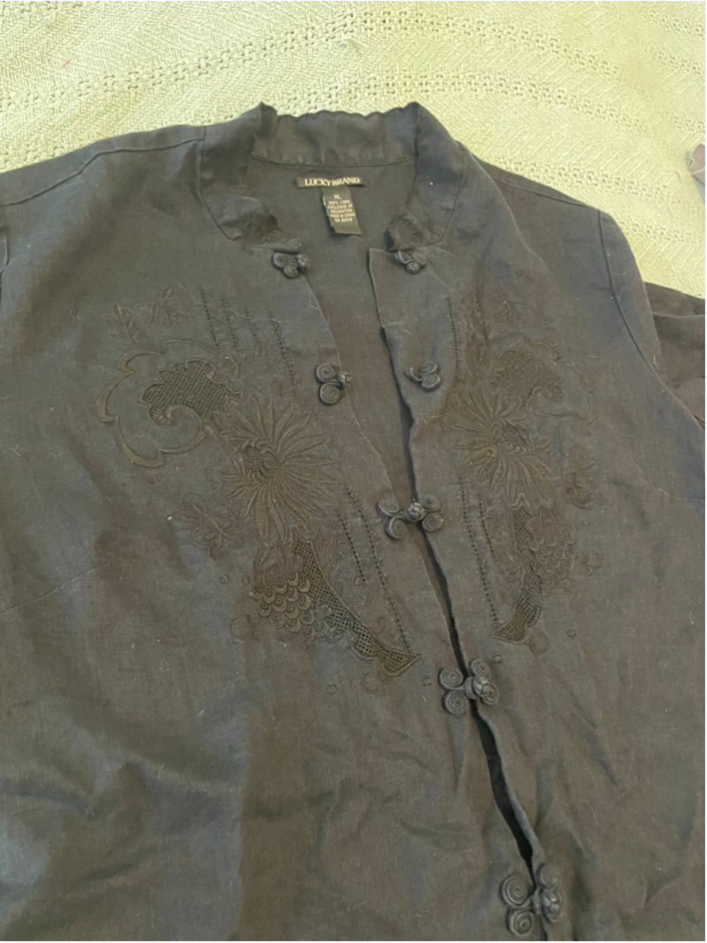 Women's Lucky Brand Black 100% Linen Embroidered Blouse Size XL